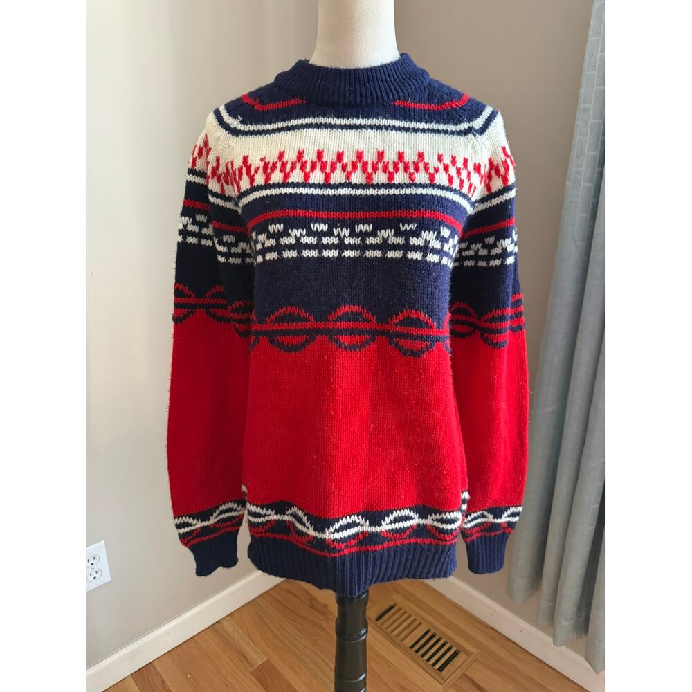 Vintage National Fair Isle‎ Acrylic Knit Sweater Est Size M Red White Blue